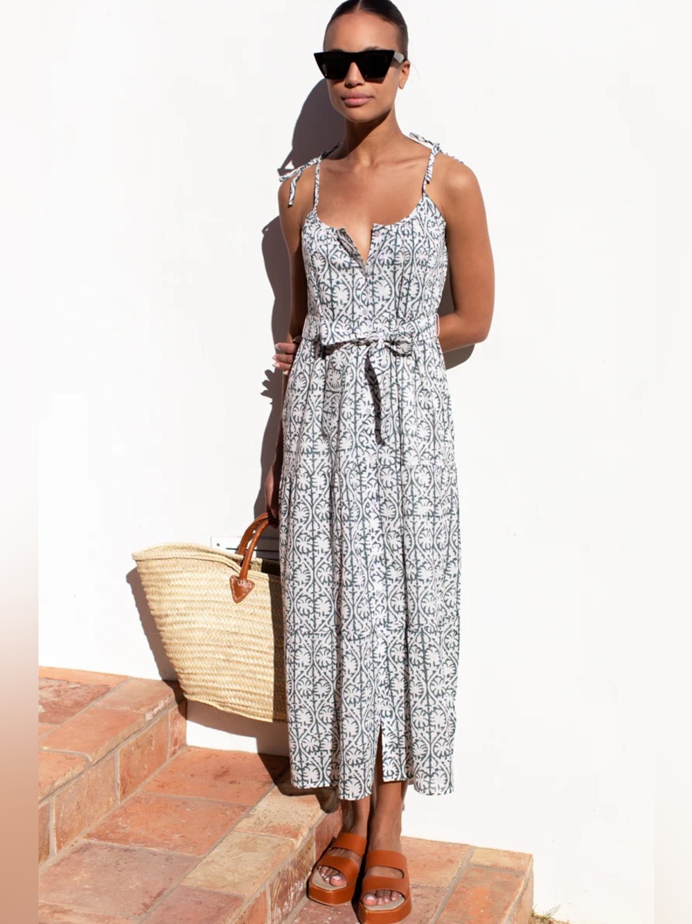 Emerson Fry India Collection White & Green Patterned Tie-Strap Midi Dress